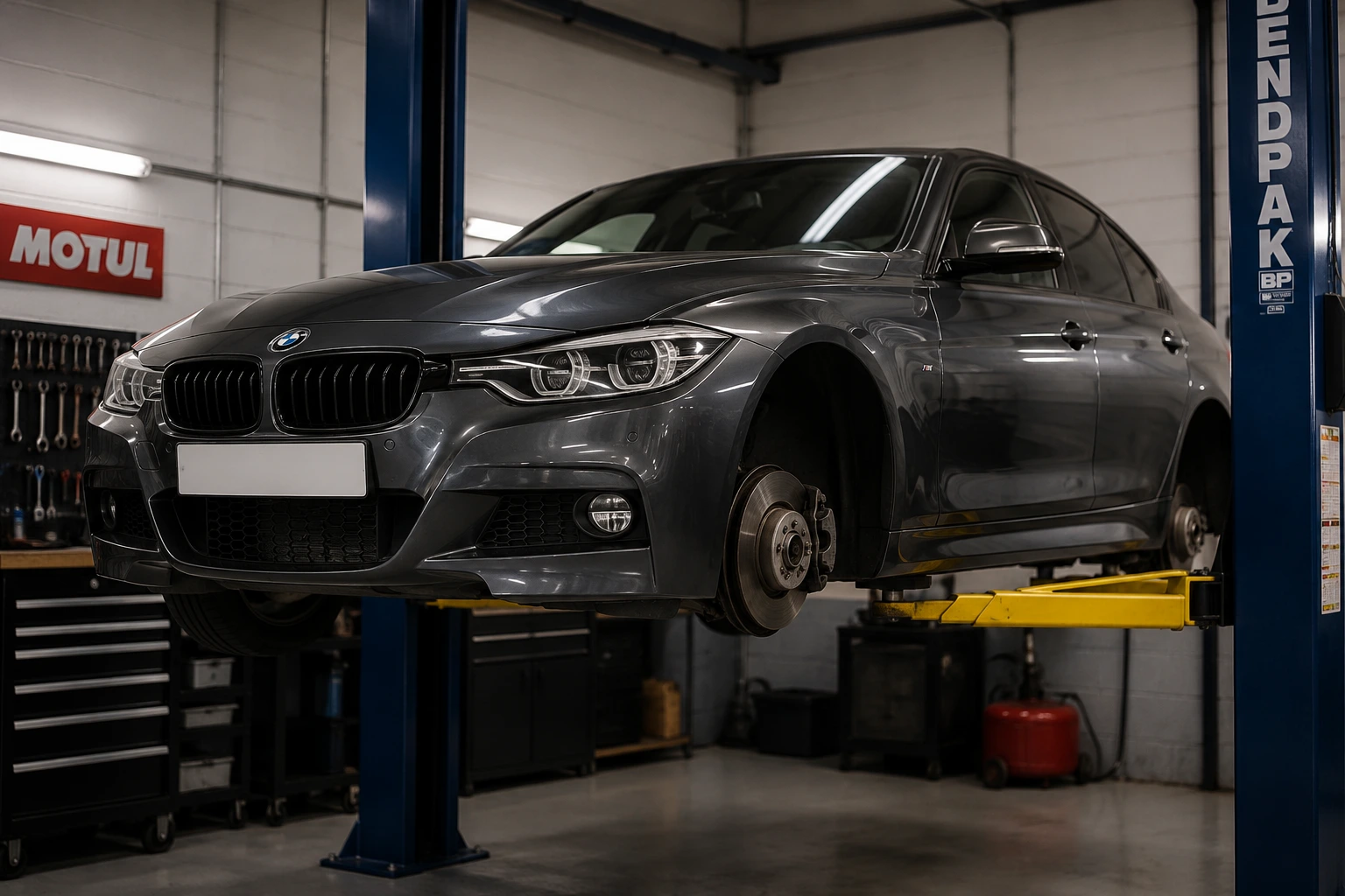 BMW on lift in garage workshop
