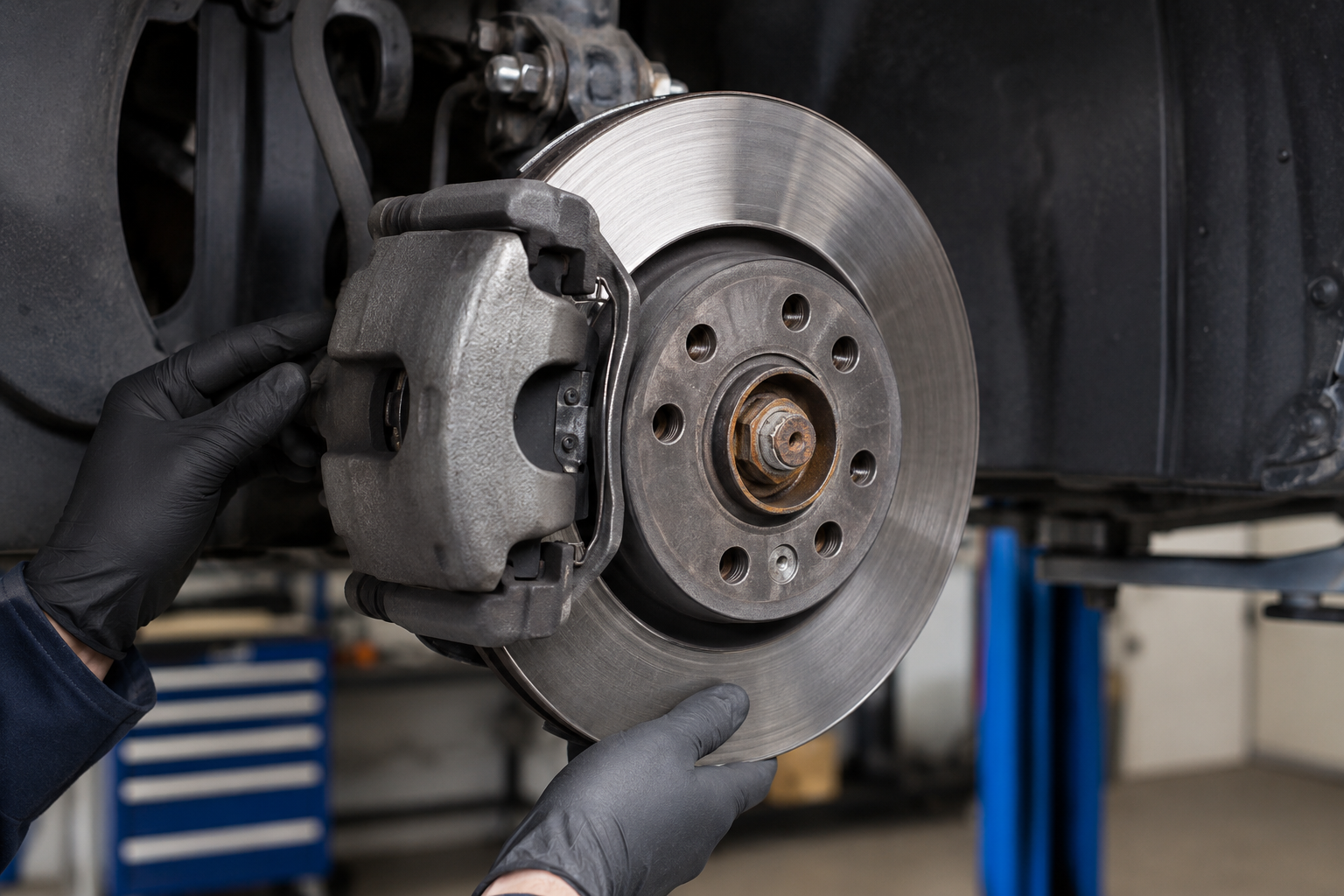 Car brake inspection in workshop