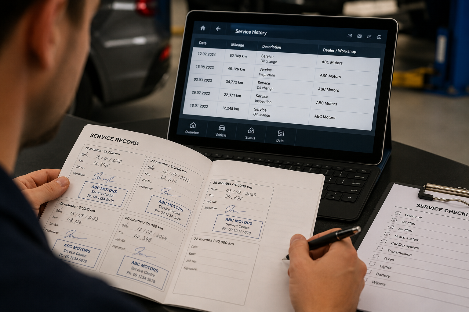 Reviewing car service records in the workshop