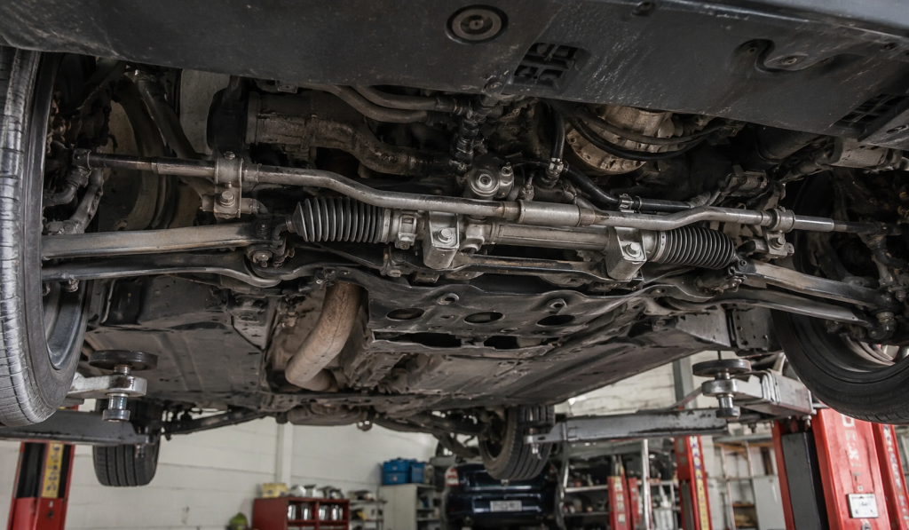 Steering rack and tie rods seen from underneath a car on workshop hoist